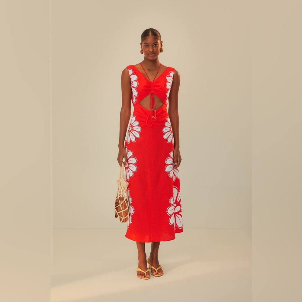 FARM Rio Red Floral Cutout Midi Dress